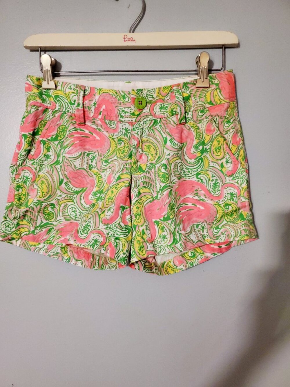 Lilly Pulitzer Callahan Shorts Flamingo Print Pink Green Cotton Size 00 Preppy C - Picture 4 of 11
